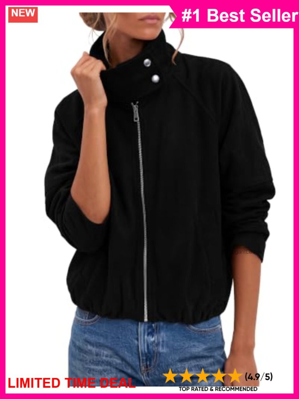 Faux Suede Cropped Funnel Neck Zip Up Casual Jacket